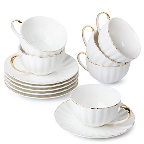 BTaT- Tea Cups and Saucers, Set of 6 (7 oz) with Gold Trim and Gift Box
