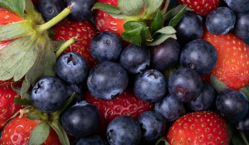 full frame of blueberries and strawberries